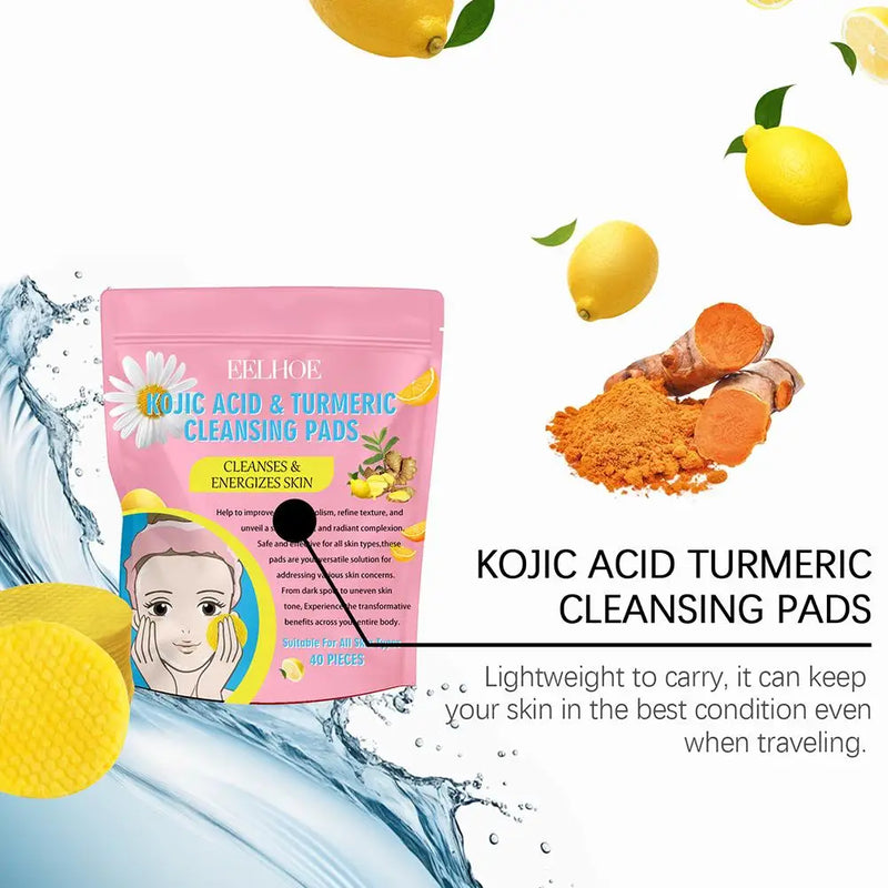 40/50pcs Turmeric Kojic Acid Exfoliating Pads – Facial Sponges for Daily Cleansing & Skin Care