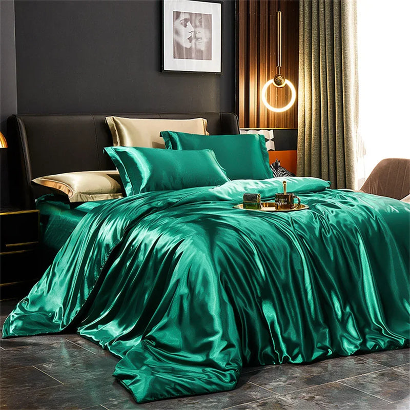 Silk Bedding Set with Duvet Cover Bed Sheet Pillowcases Luxury Satin  Double Bedsheet King Queen