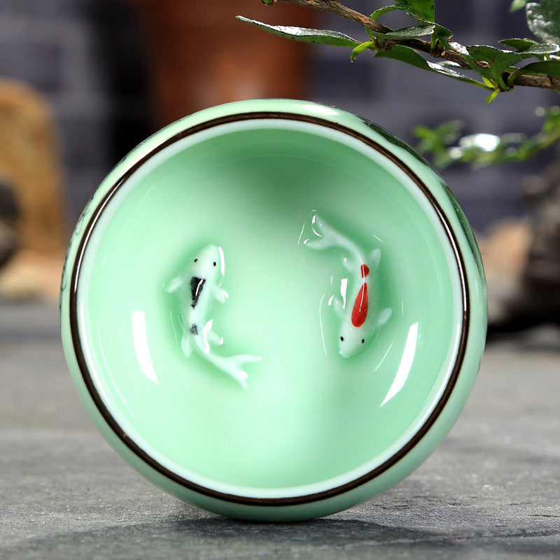 Traditional Celadon Hand-Painted Teacup – 80ml Chinese Kung Fu Tea Master Cup with Lotus, Bamboo