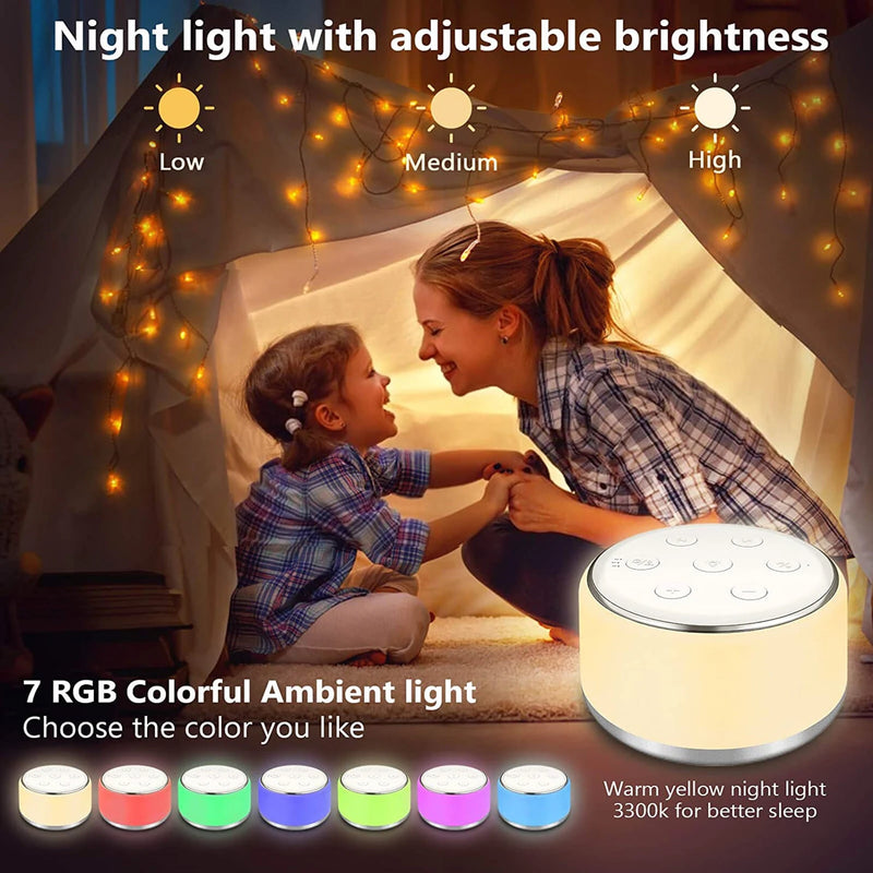 White Noise Sleep Machine with 7 Night Light Colors, 34 Soothing Sounds Timer & Rechargeable Battery