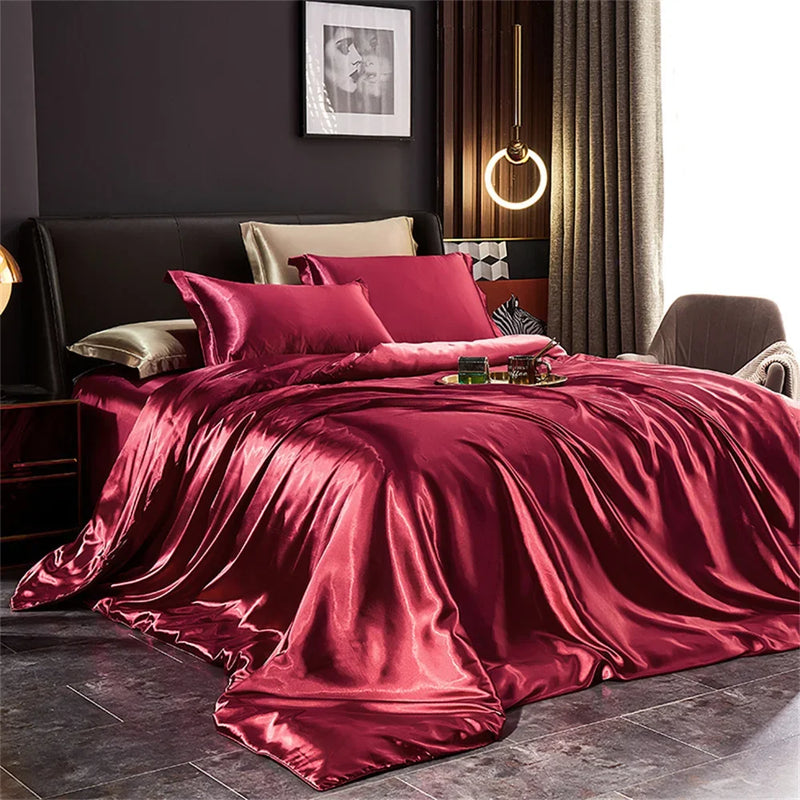 Silk Bedding Set with Duvet Cover Bed Sheet Pillowcases Luxury Satin  Double Bedsheet King Queen