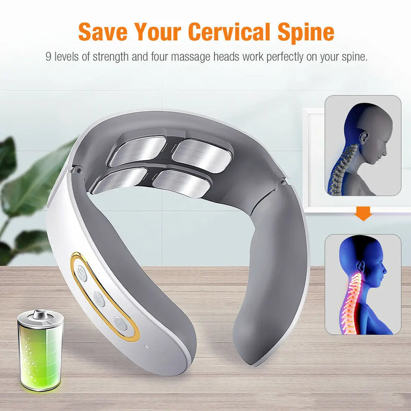 Neck Shoulder Pulse Massager  4 Head TENS Magnetic Pulse Heating Cervical Vertebra  Relief Massage