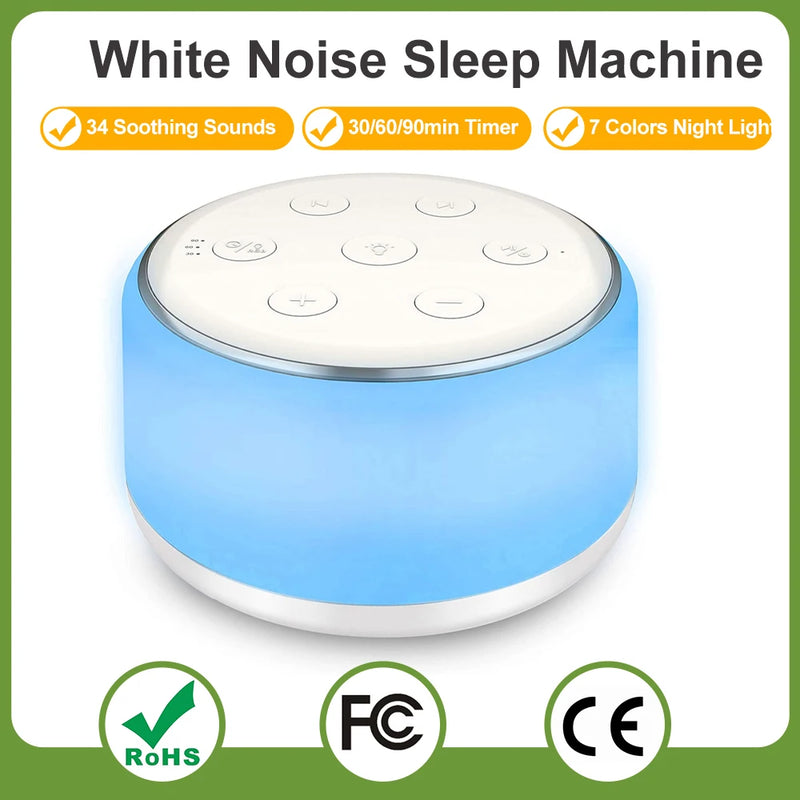 White Noise Sleep Machine with 7 Night Light Colors, 34 Soothing Sounds Timer & Rechargeable Battery