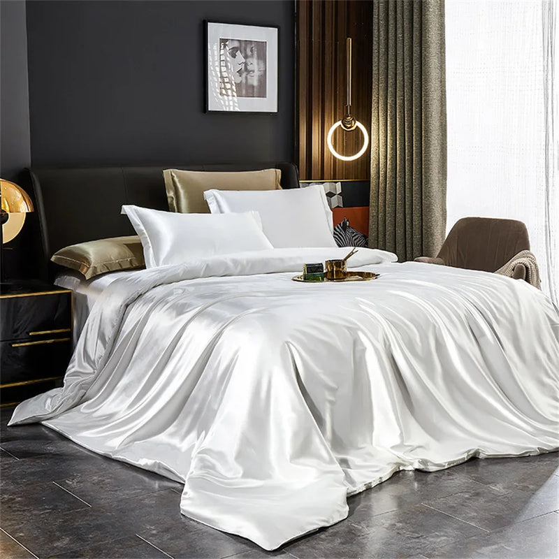 Silk Bedding Set with Duvet Cover Bed Sheet Pillowcases Luxury Satin  Double Bedsheet King Queen