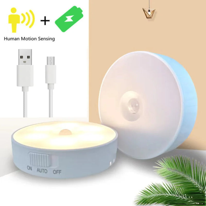 Motion Sensor Light Led USB NightLights Round Chargeable Lamp for Bedroom Kitchen Hallway Lighting