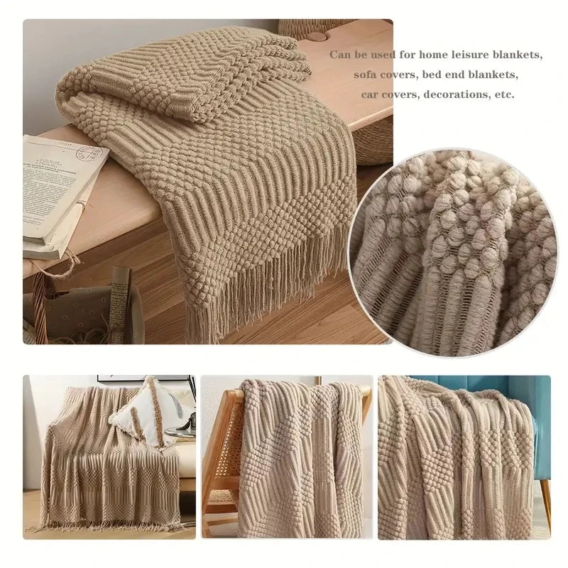 Khaki Chunky Knitted Blanket with Tassels – Luxury Farmhouse Throw for Bed, Sofa, or Travel