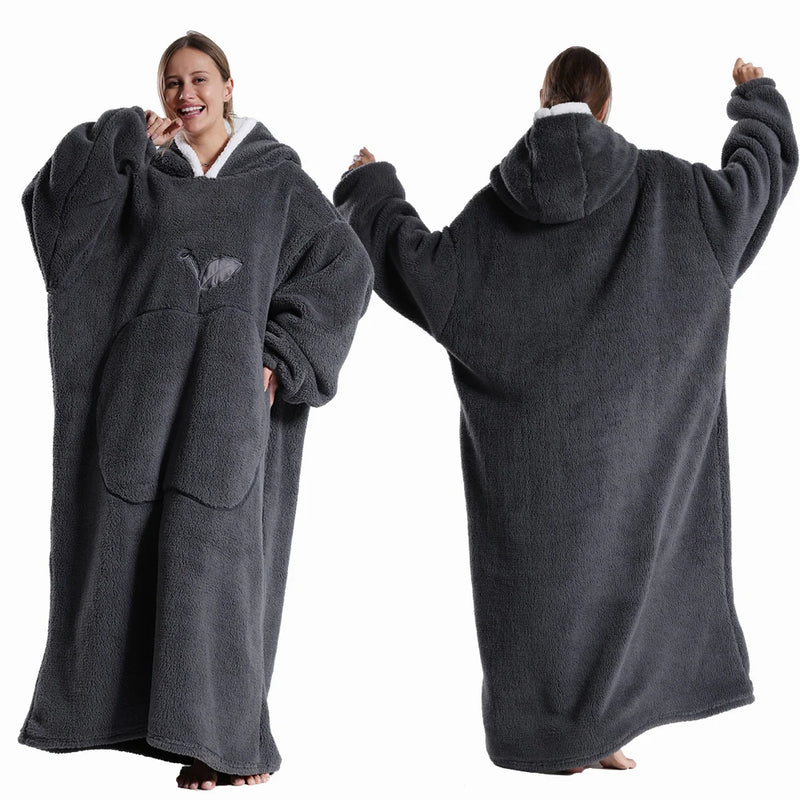 Wearable Flannel Blanket Extra Long with Sleeves – Oversized Cozy Winter Hoodie Blanket