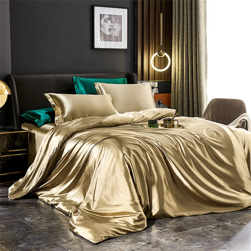 Silk Bedding Set with Duvet Cover Bed Sheet Pillowcases Luxury Satin  Double Bedsheet King Queen