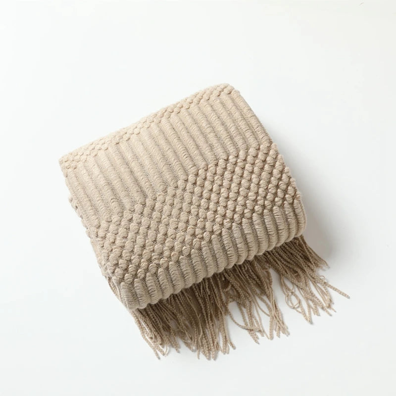 Khaki Chunky Knitted Blanket with Tassels – Luxury Farmhouse Throw for Bed, Sofa, or Travel