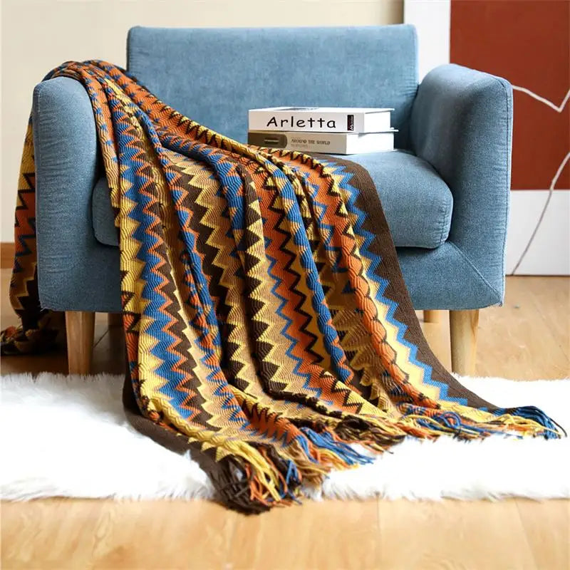 100% Acrylic Hand-Knitted Bohemian Blanket with Tassels – Chic, Breathable, and Comfortable