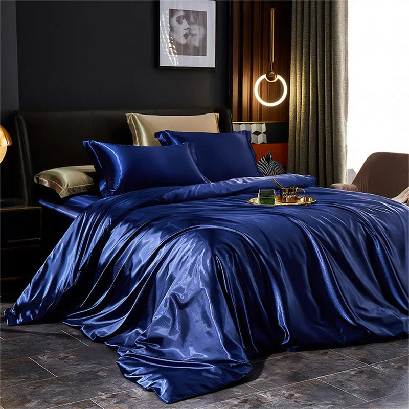 Silk Bedding Set with Duvet Cover Bed Sheet Pillowcases Luxury Satin  Double Bedsheet King Queen