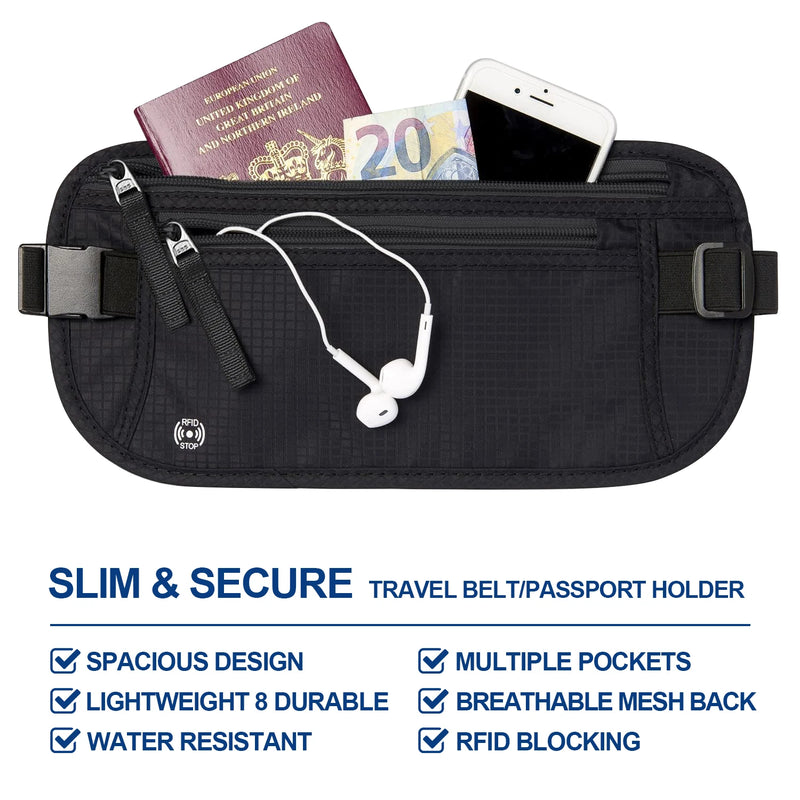 Slim Travel Money Belt with RFID Blocking – Passport Holder for Cash, Credit Cards, and Documents