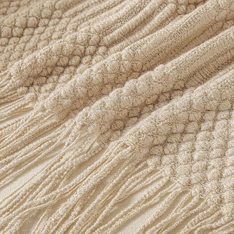 Khaki Chunky Knitted Blanket with Tassels – Luxury Farmhouse Throw for Bed, Sofa, or Travel