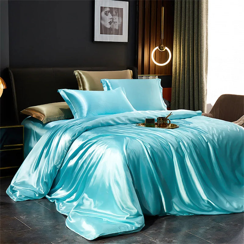 Silk Bedding Set with Duvet Cover Bed Sheet Pillowcases Luxury Satin  Double Bedsheet King Queen