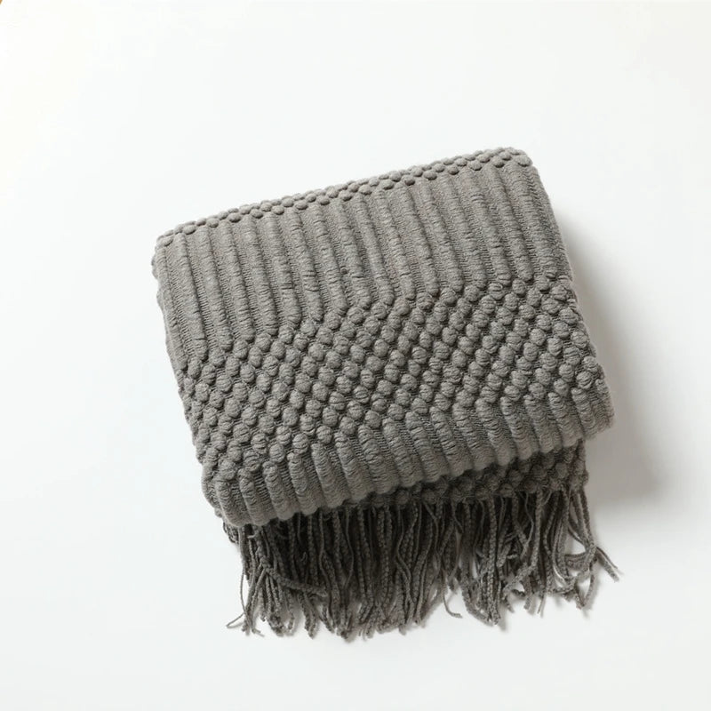 Khaki Chunky Knitted Blanket with Tassels – Luxury Farmhouse Throw for Bed, Sofa, or Travel