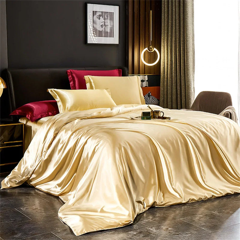 Silk Bedding Set with Duvet Cover Bed Sheet Pillowcases Luxury Satin  Double Bedsheet King Queen