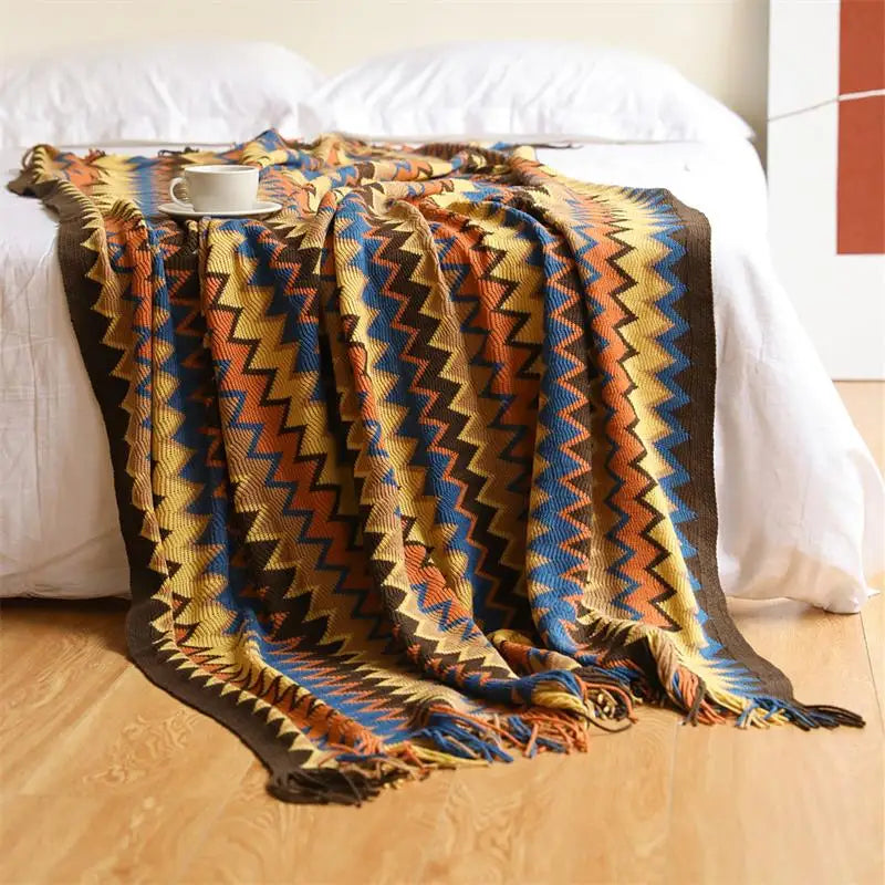 100% Acrylic Hand-Knitted Bohemian Blanket with Tassels – Chic, Breathable, and Comfortable