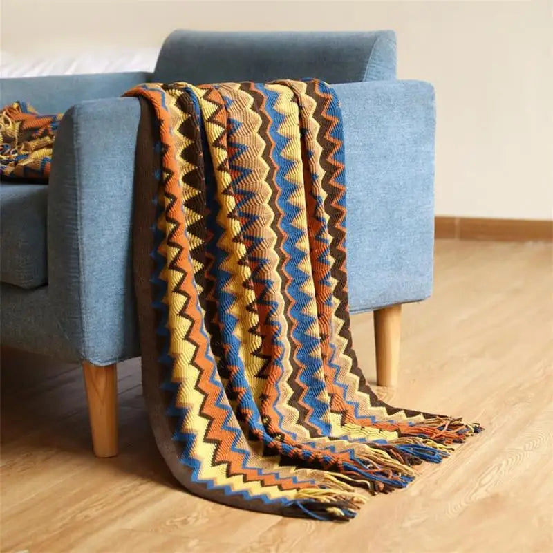 100% Acrylic Hand-Knitted Bohemian Blanket with Tassels – Chic, Breathable, and Comfortable