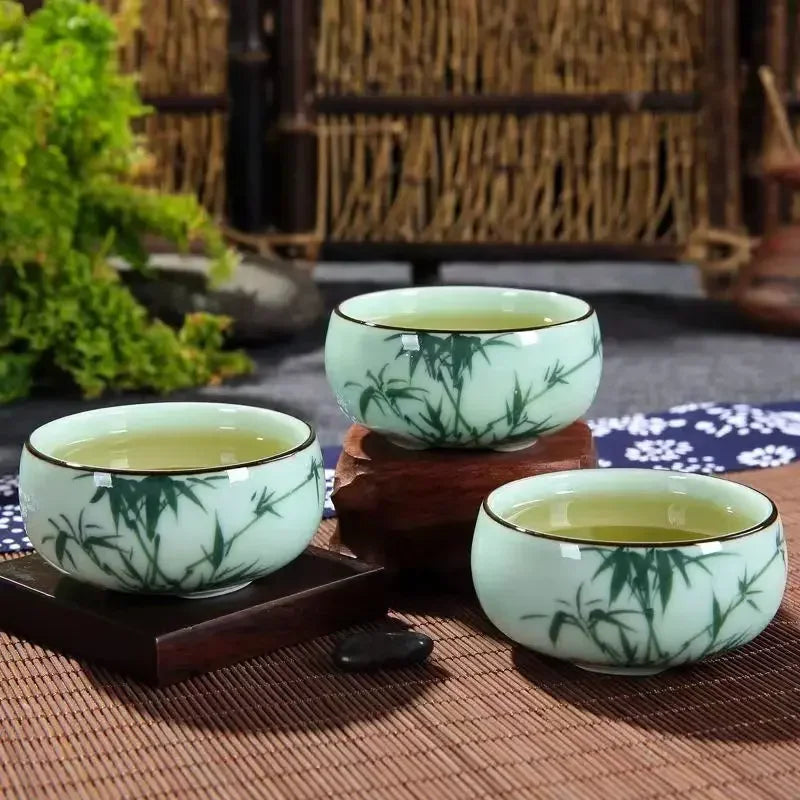 Traditional Celadon Hand-Painted Teacup – 80ml Chinese Kung Fu Tea Master Cup with Lotus, Bamboo