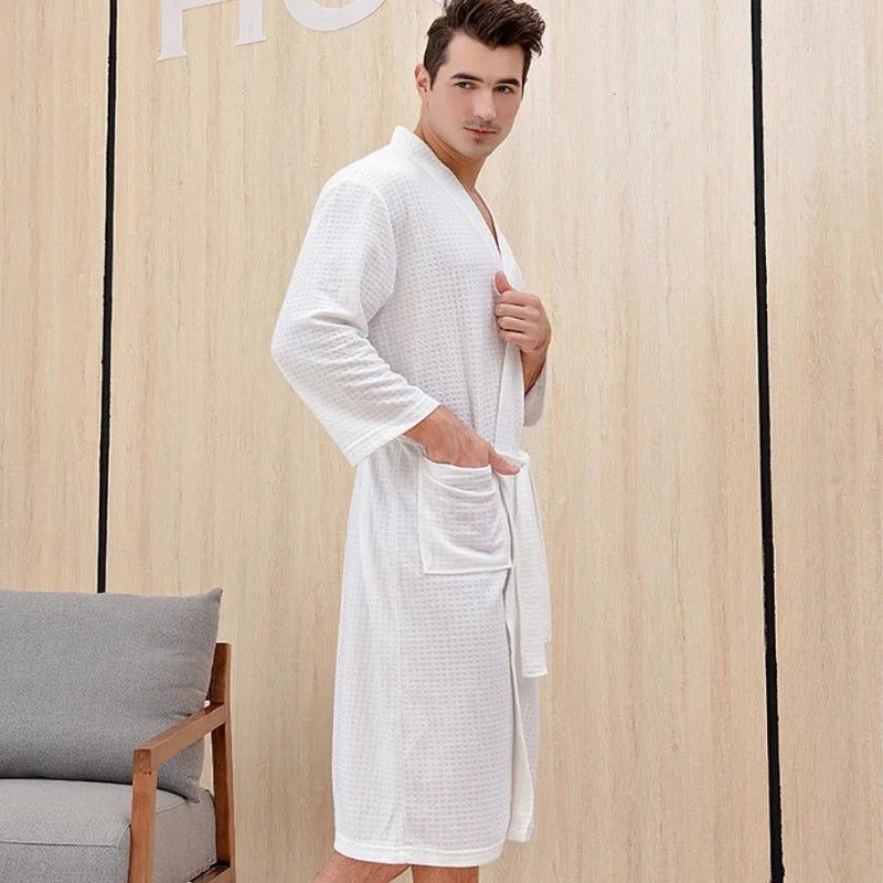 Unisex Cotton Terry Bathrobe - Long Absorbent Kimono-Style Towel Bath Robe for Men and Women