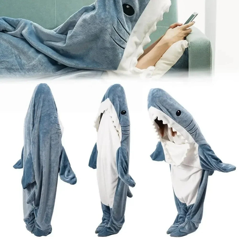 Funny Hooded Shark Blanket Sleeping Bag for Adults – Warm Flannel Cartoon Shark Pajama Onesie