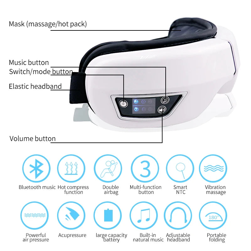 Eye Massager with Vibration, Airbag Pressure, Hot Compress, and Bluetooth Music