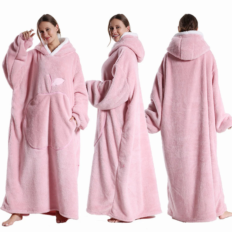 Wearable Flannel Blanket Extra Long with Sleeves – Oversized Cozy Winter Hoodie Blanket