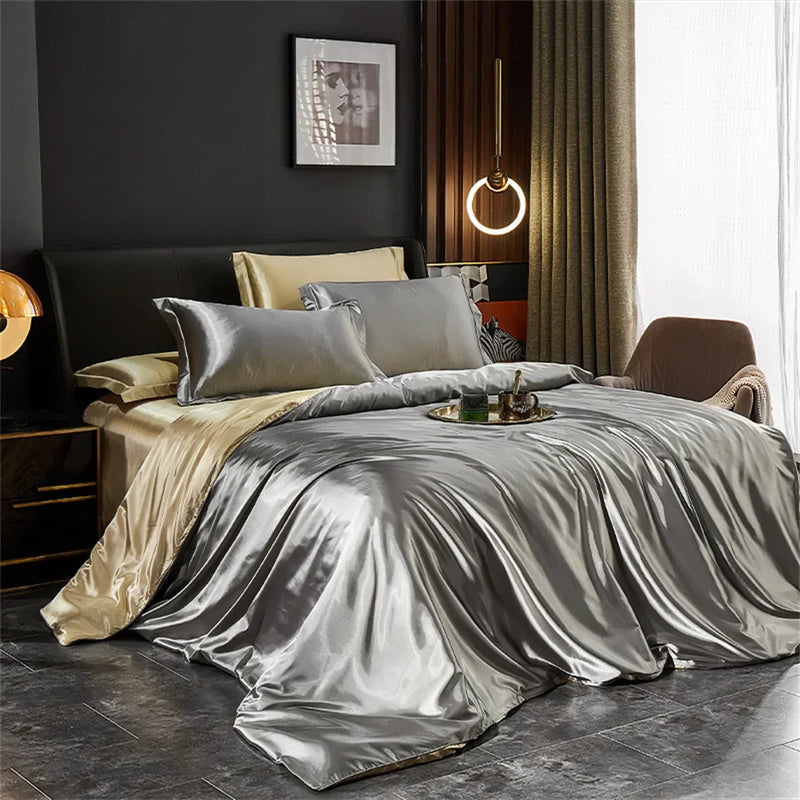 Silk Bedding Set with Duvet Cover Bed Sheet Pillowcases Luxury Satin  Double Bedsheet King Queen