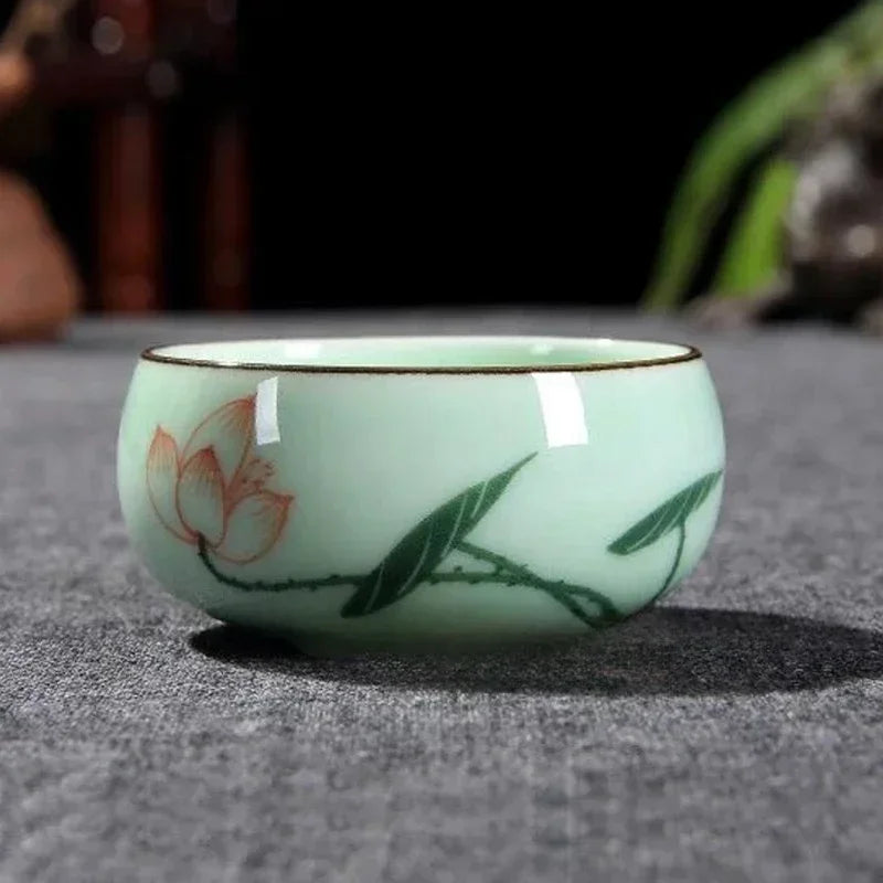 Traditional Celadon Hand-Painted Teacup – 80ml Chinese Kung Fu Tea Master Cup with Lotus, Bamboo