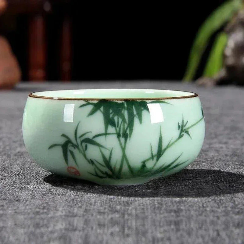 Traditional Celadon Hand-Painted Teacup – 80ml Chinese Kung Fu Tea Master Cup with Lotus, Bamboo