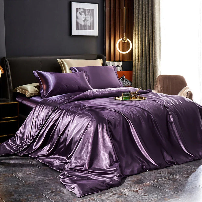 Silk Bedding Set with Duvet Cover Bed Sheet Pillowcases Luxury Satin  Double Bedsheet King Queen