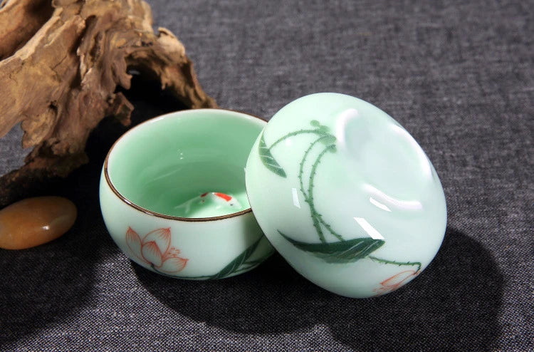 Traditional Celadon Hand-Painted Teacup – 80ml Chinese Kung Fu Tea Master Cup with Lotus, Bamboo