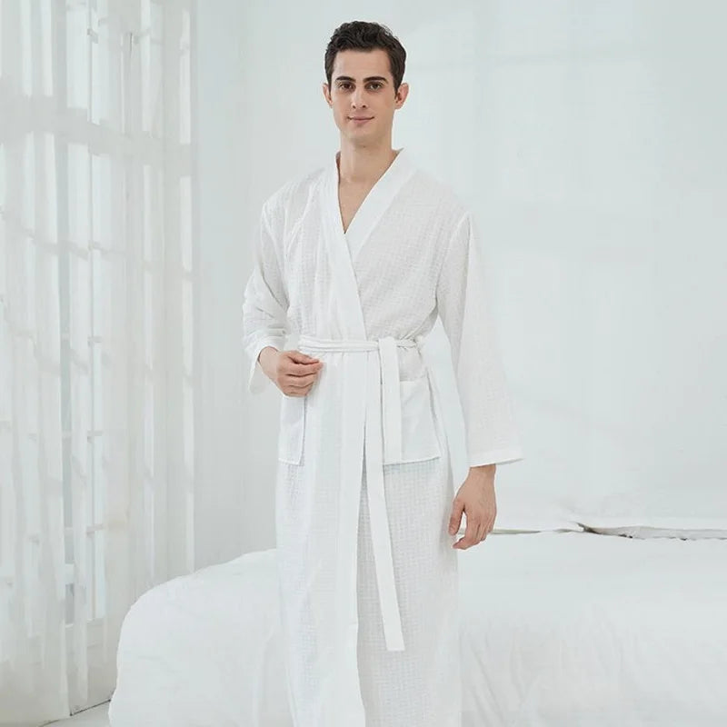 Unisex Cotton Terry Bathrobe - Long Absorbent Kimono-Style Towel Bath Robe for Men and Women