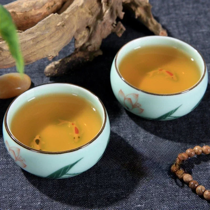 Traditional Celadon Hand-Painted Teacup – 80ml Chinese Kung Fu Tea Master Cup with Lotus, Bamboo