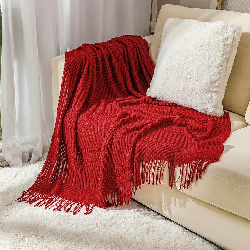 Khaki Chunky Knitted Blanket with Tassels – Luxury Farmhouse Throw for Bed, Sofa, or Travel