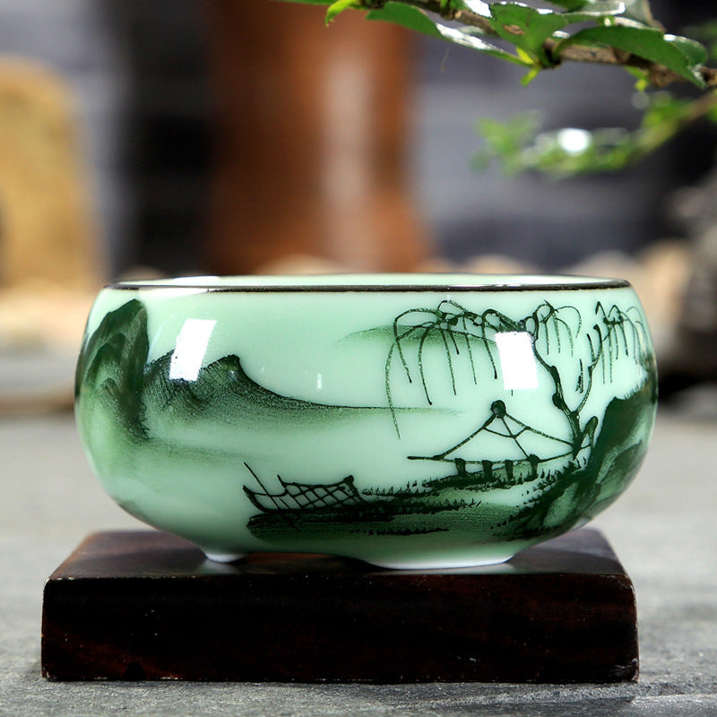 Traditional Celadon Hand-Painted Teacup – 80ml Chinese Kung Fu Tea Master Cup with Lotus, Bamboo