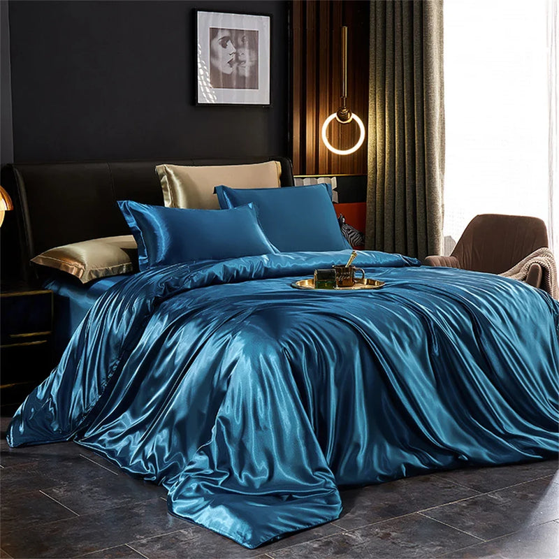 Silk Bedding Set with Duvet Cover Bed Sheet Pillowcases Luxury Satin  Double Bedsheet King Queen