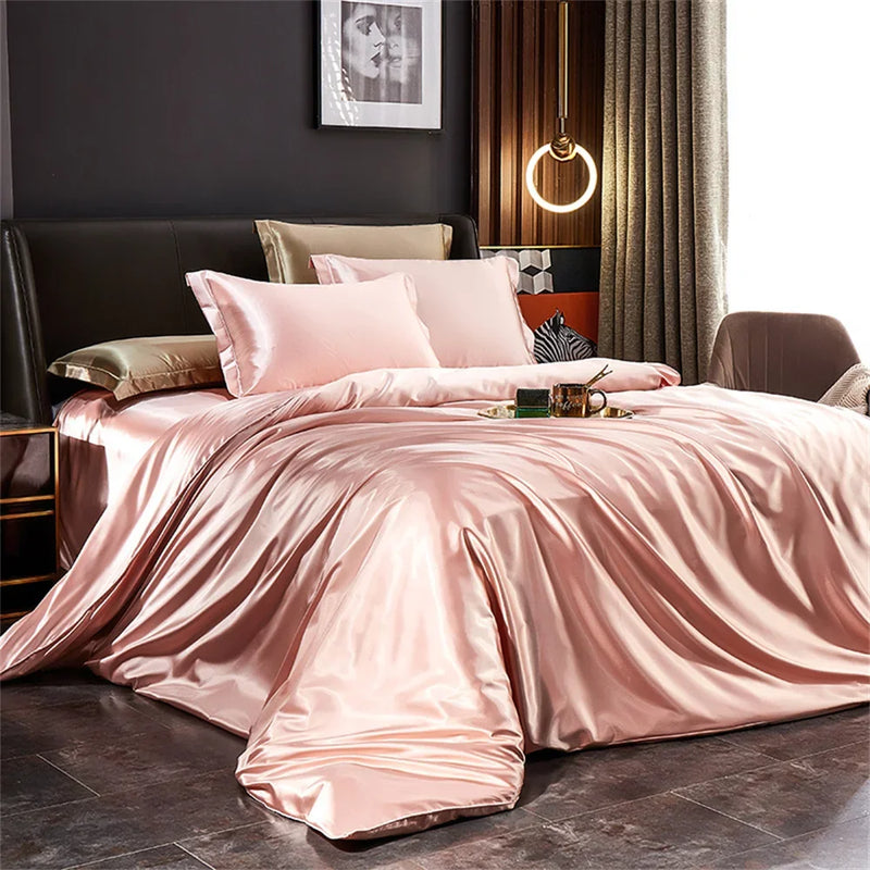 Silk Bedding Set with Duvet Cover Bed Sheet Pillowcases Luxury Satin  Double Bedsheet King Queen