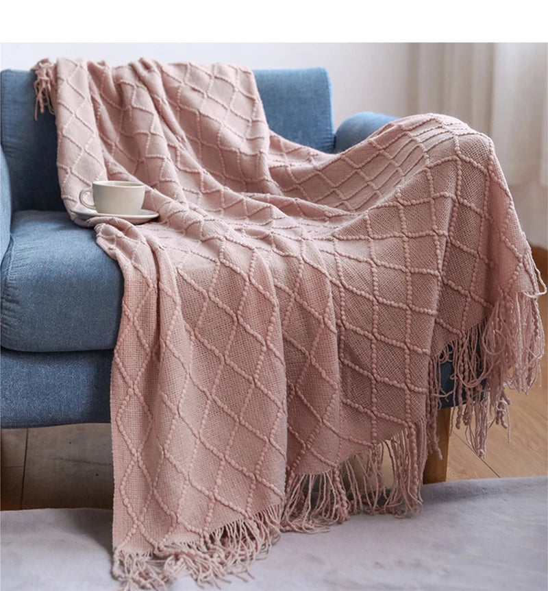 Khaki Chunky Knitted Blanket with Tassels – Luxury Farmhouse Throw for Bed, Sofa, or Travel