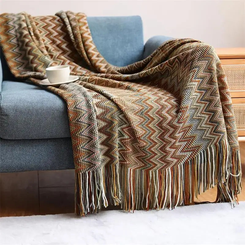 100% Acrylic Hand-Knitted Bohemian Blanket with Tassels – Chic, Breathable, and Comfortable