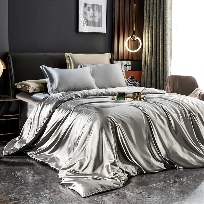 Silk Bedding Set with Duvet Cover Bed Sheet Pillowcases Luxury Satin  Double Bedsheet King Queen