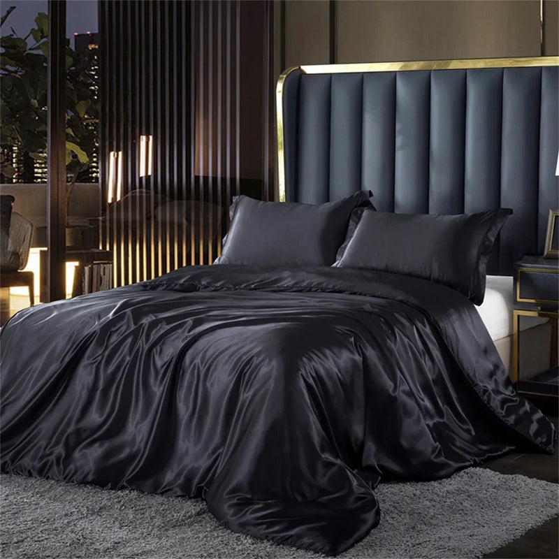 Silk Bedding Set with Duvet Cover Bed Sheet Pillowcases Luxury Satin  Double Bedsheet King Queen