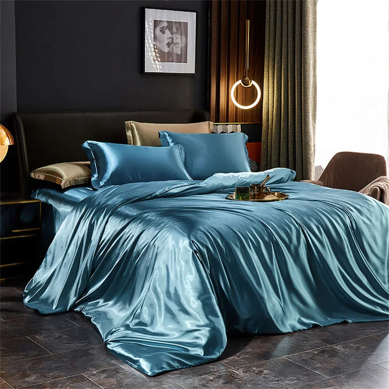 Silk Bedding Set with Duvet Cover Bed Sheet Pillowcases Luxury Satin  Double Bedsheet King Queen