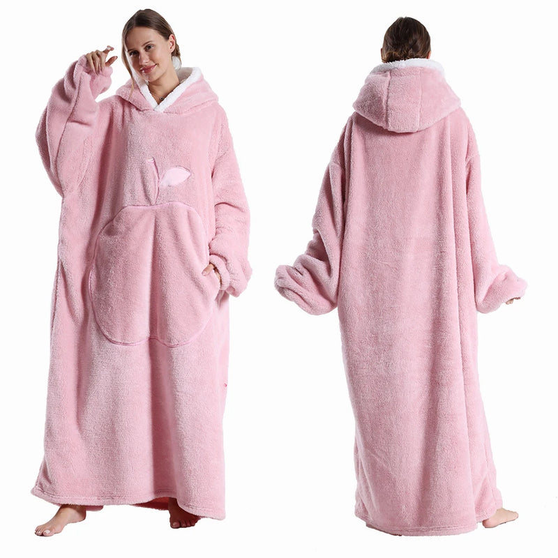 Wearable Flannel Blanket Extra Long with Sleeves – Oversized Cozy Winter Hoodie Blanket